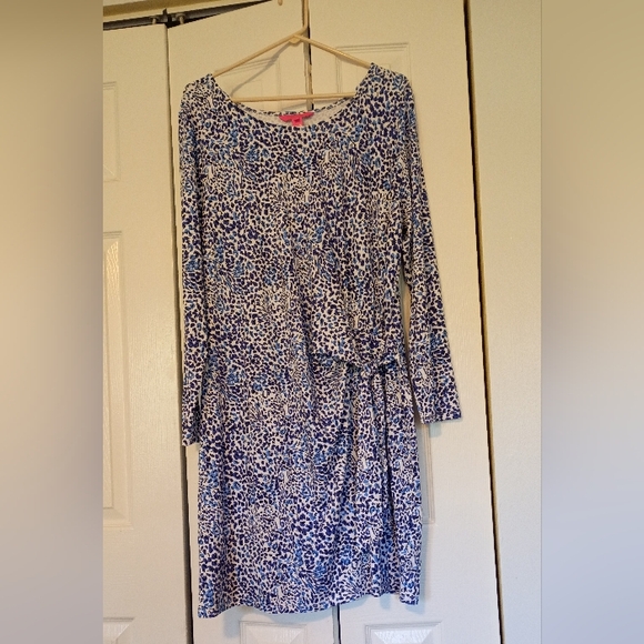 NWOT Lilly Pulitzer  Bryson Long Sleeve Blue and White Leopard Print Dress - Picture 9 of 14